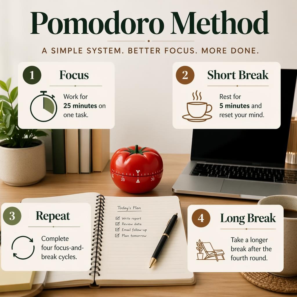 Infografica editoriale del Metodo Pomodoro con pomodoro timer, laptop senza logo, taccuino e 4 schede numerate.