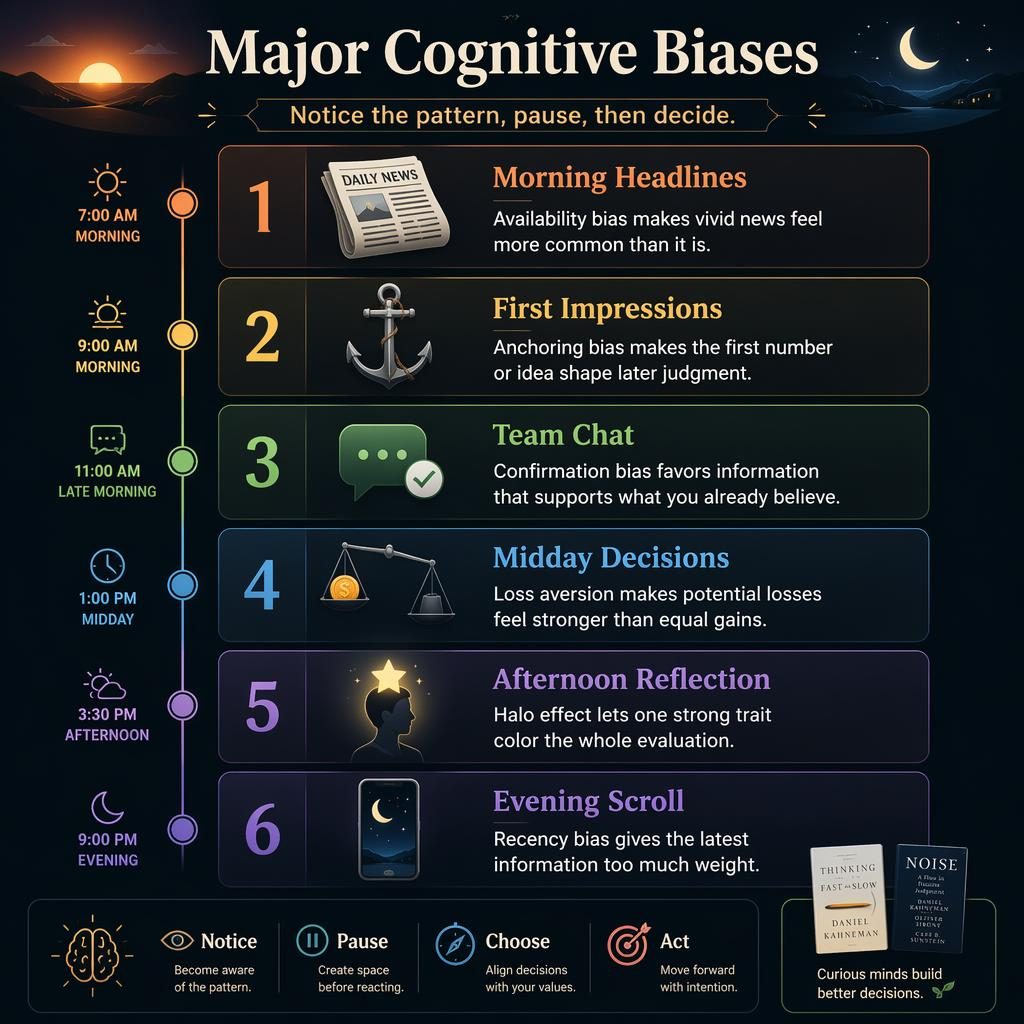 Vertical dark-mode biases poster with 6 numbered timeline cards from morning to evening, icons, English headings and insights.