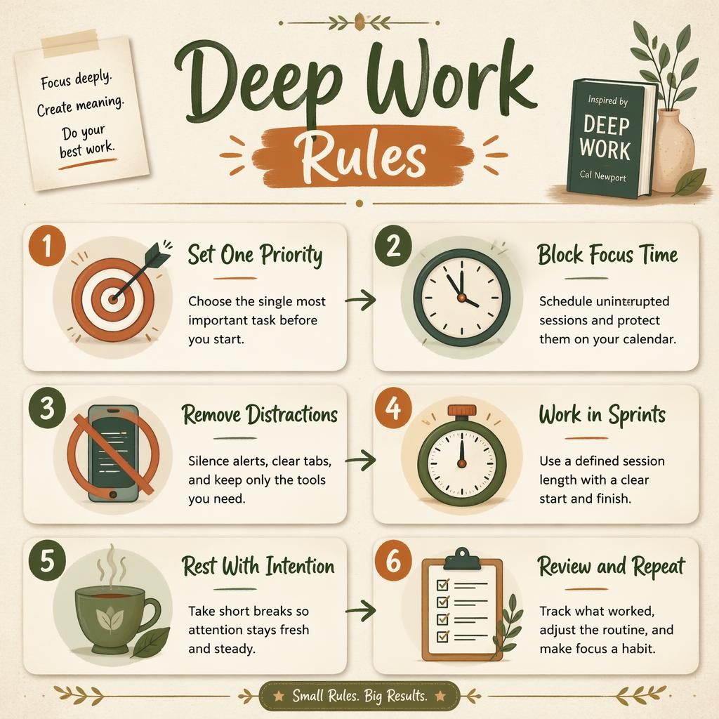 Warm editorial infographic with 6 numbered deep work cards, icons, hand-lettered headings, and calm earth tones.