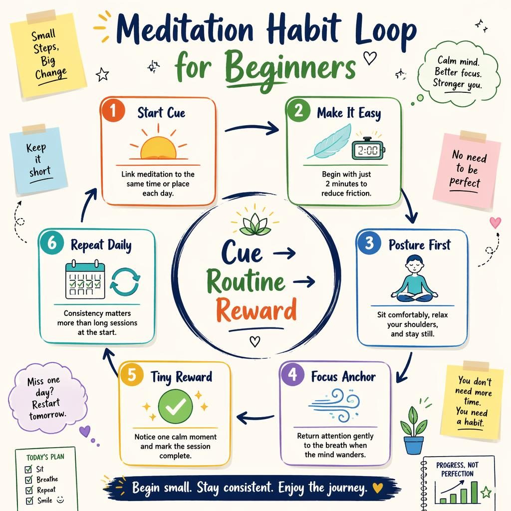 Sketchnote-style infographic with 6 cards in a habit loop for beginner meditation, arrows, icons, callouts, and central label.
