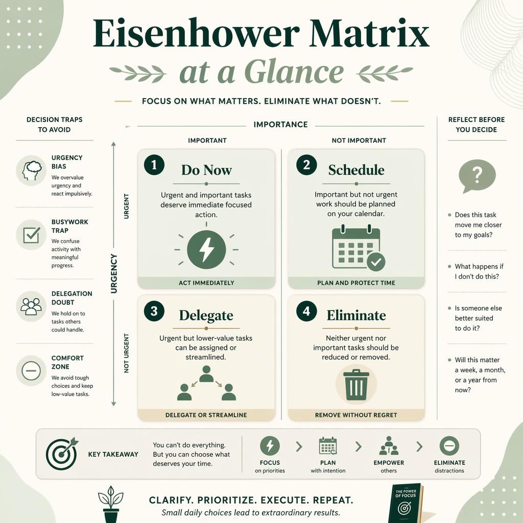 Editorial infographic poster showing a 2x2 Eisenhower Matrix with four numbered cards, icons, sage and cream grid lines.