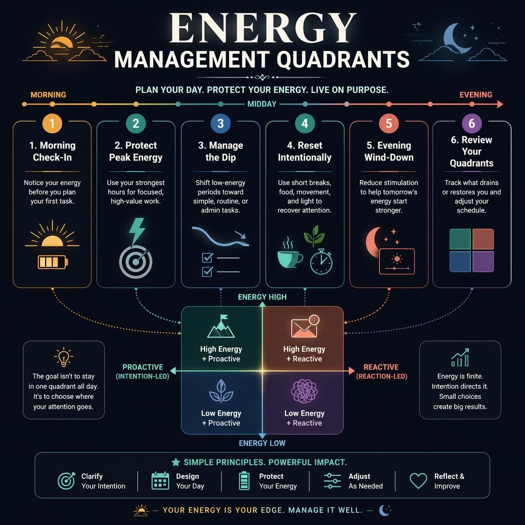 Dark-mode vertical infographic with 6 numbered energy routine cards, quadrant legend, icons, and a morning-to-evening timeline.