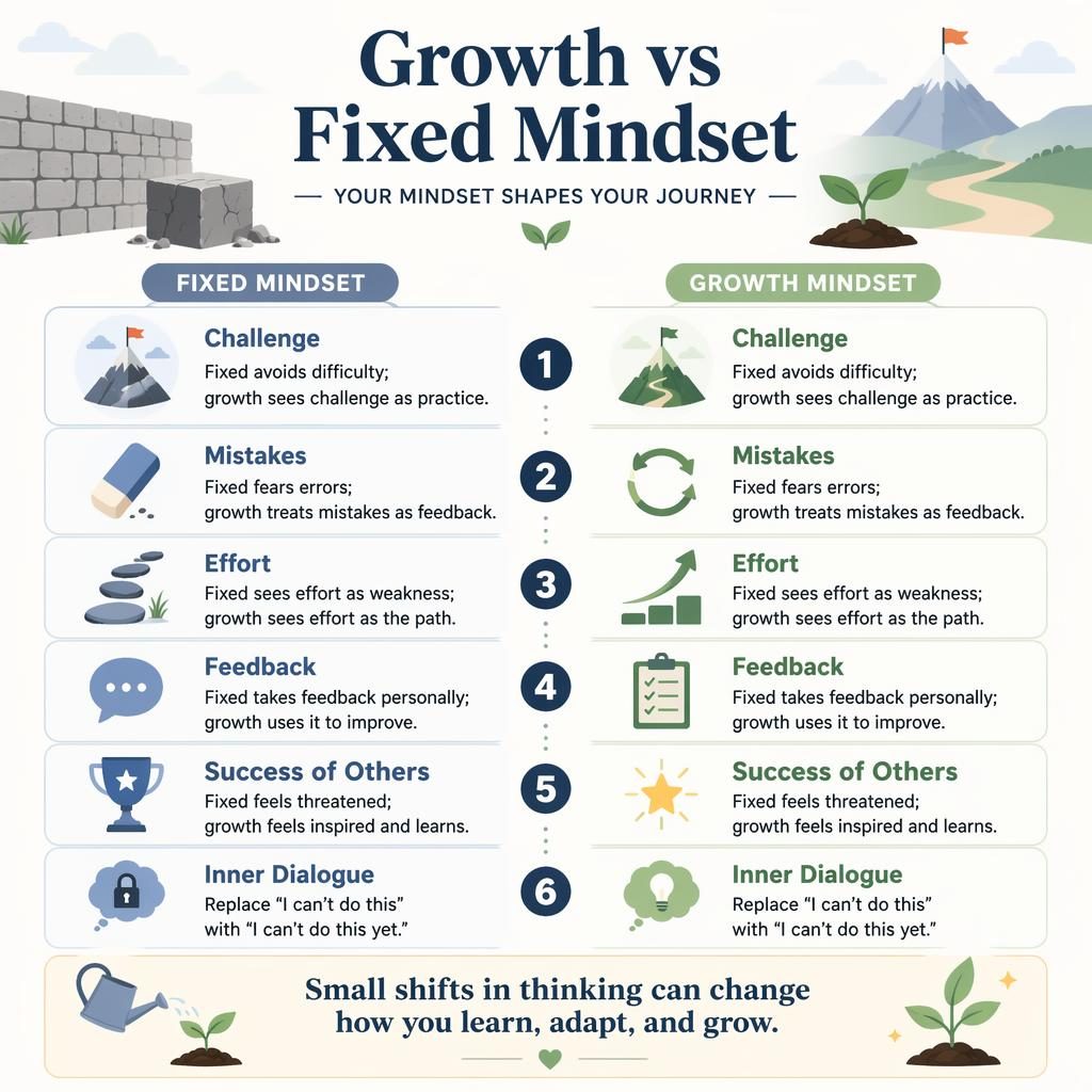 Vertical pastel infographic comparing fixed vs growth mindset in 6 numbered cards with icons, clean vector layout.
