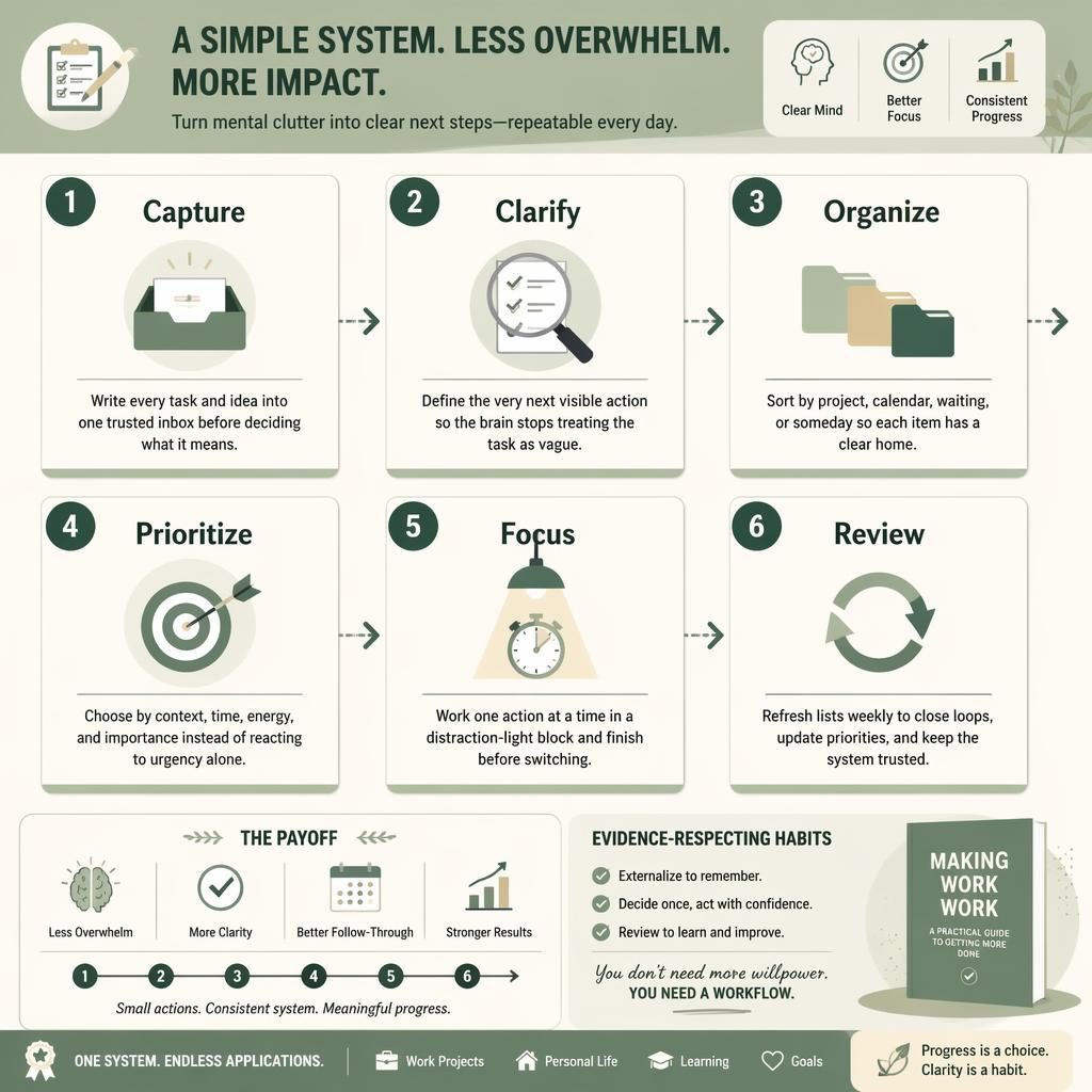 Sage and cream infographic poster with 6 numbered productivity cards, icons, flow arrows, and a clean summary strip.