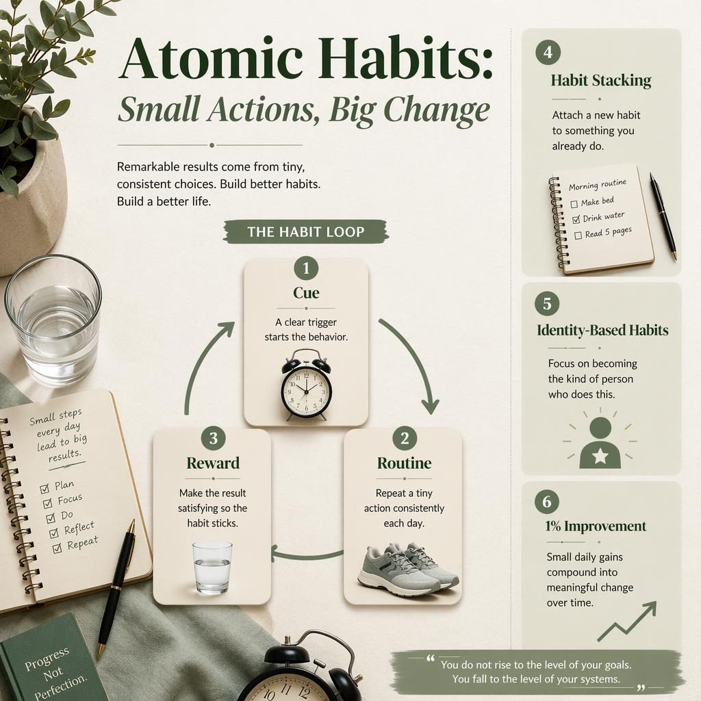 Infografika Atomic Habits z pętlą nawyku: Cue, Routine, Reward oraz 3 panelami bocznymi w odcieniach szałwii i kremu.