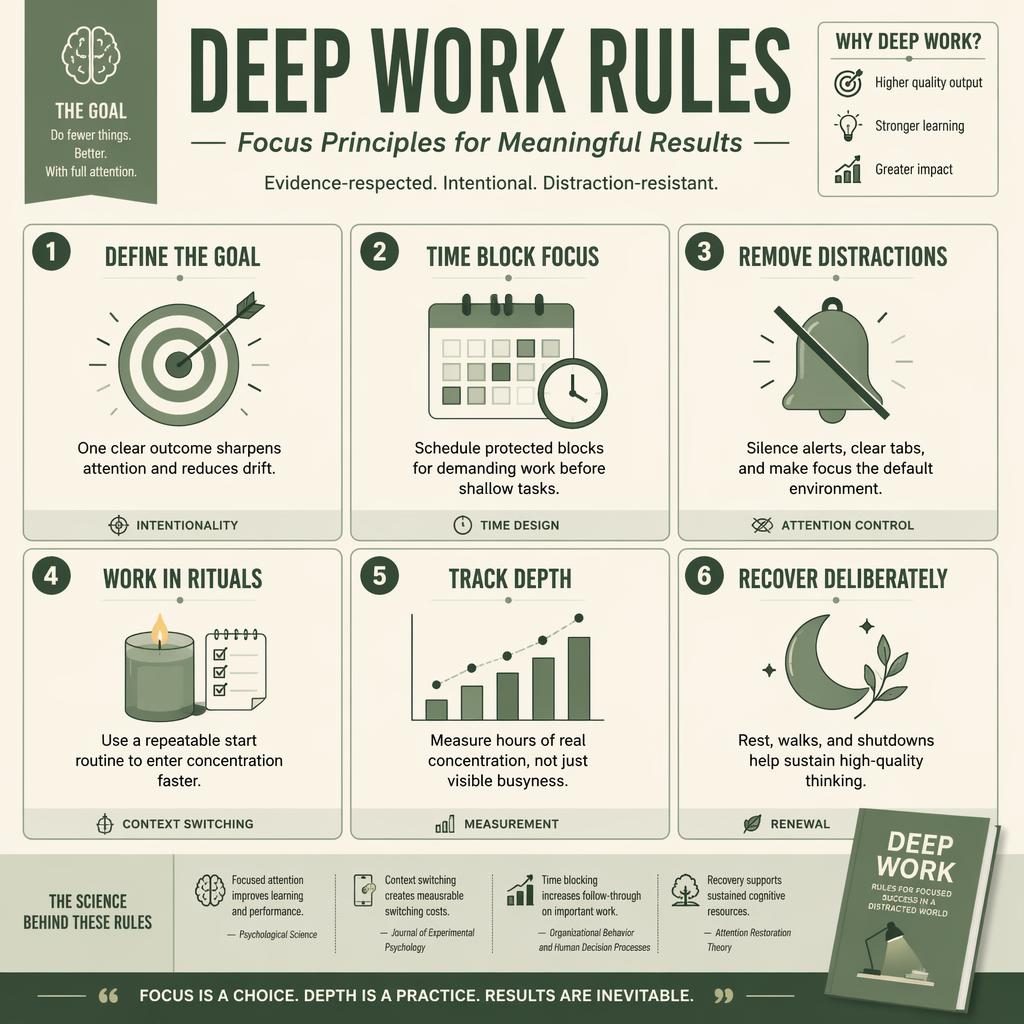 Clean sage and cream cognitive bias poster infographic with 6 numbered deep work rule cards, icons, and brief tips.