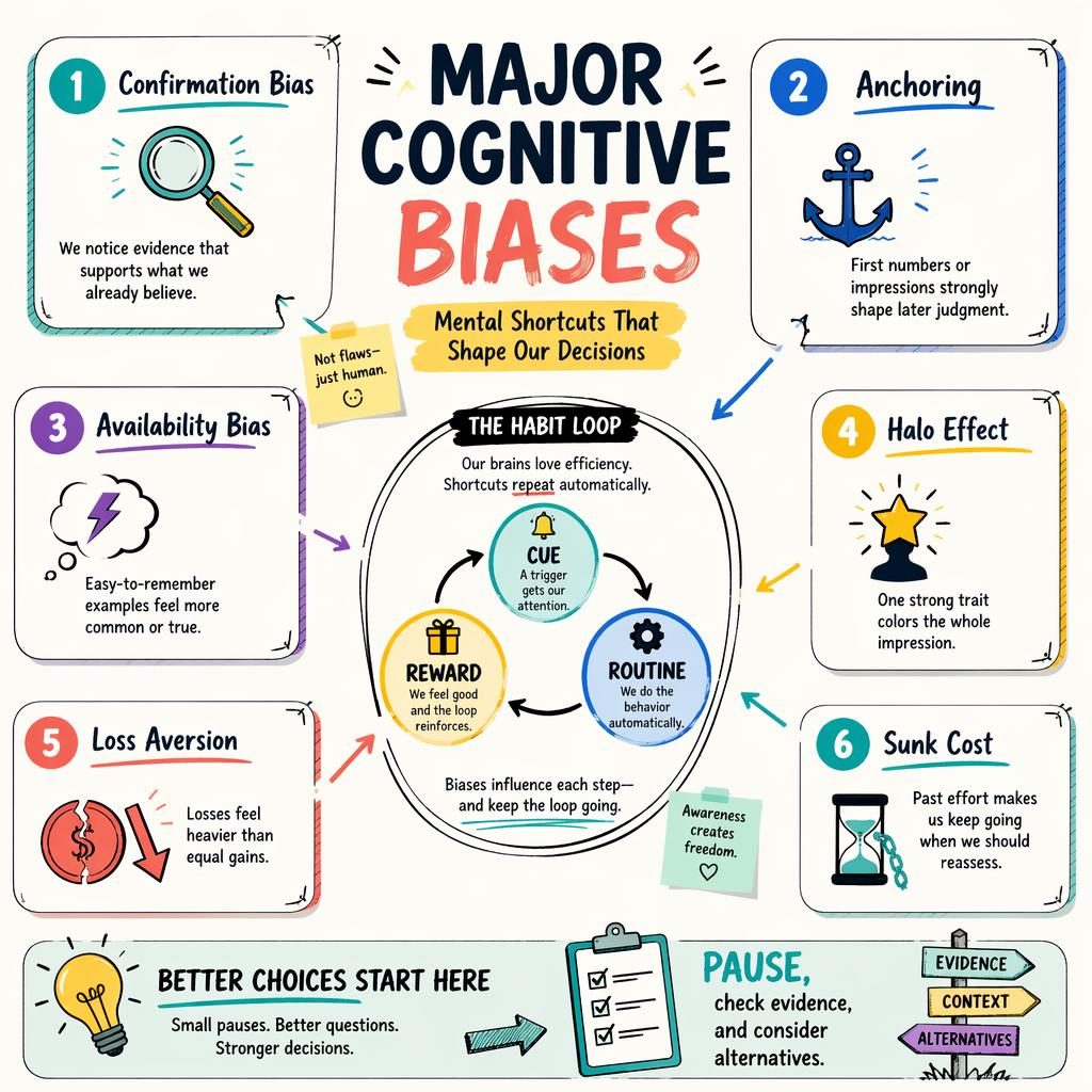 Vector sketchnote biases poster with a central cue-routine-reward loop and 6 numbered cognitive bias cards around it.