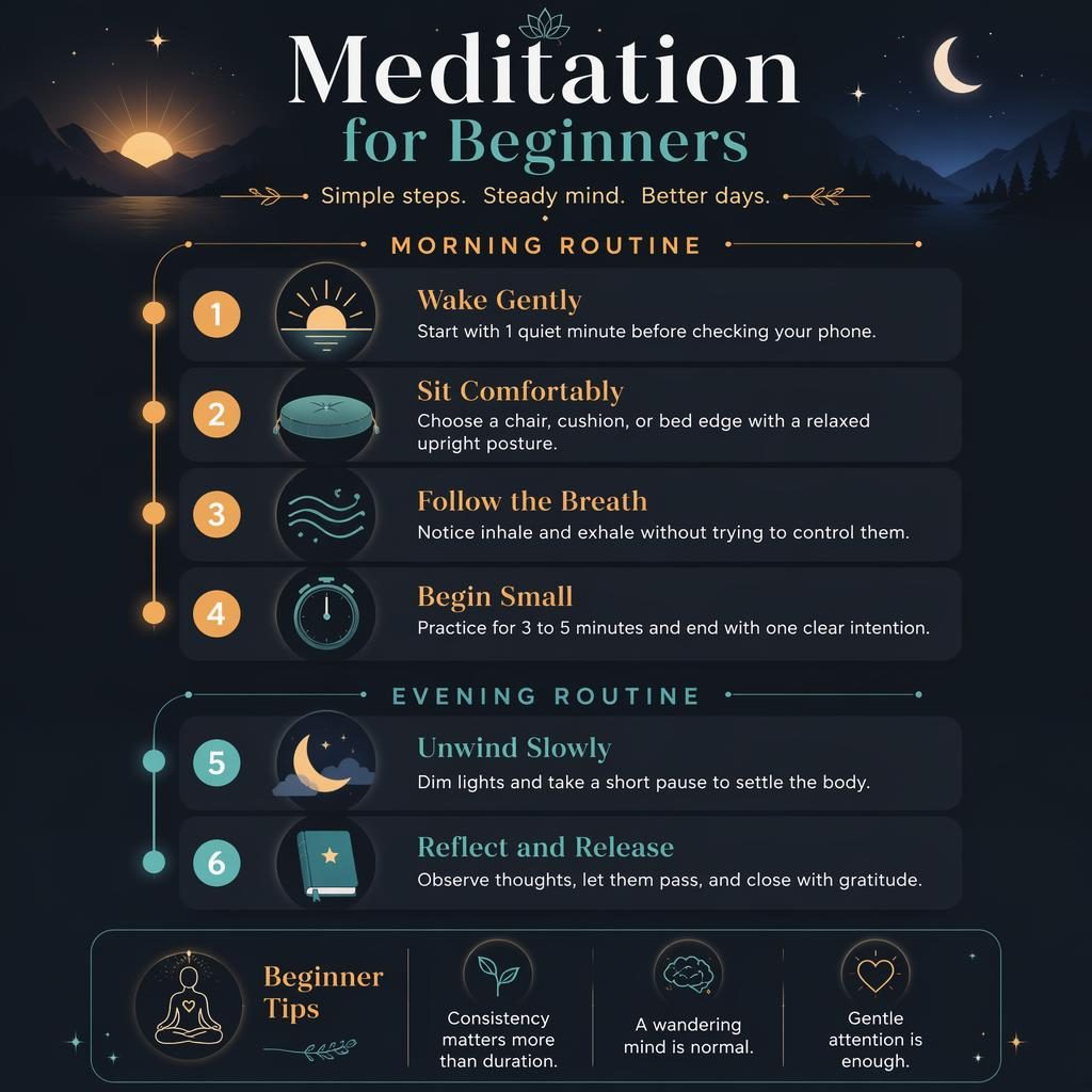 Dark mode editorial infographic with morning and evening meditation timeline, 6 numbered cards, icons, and beginner tips.