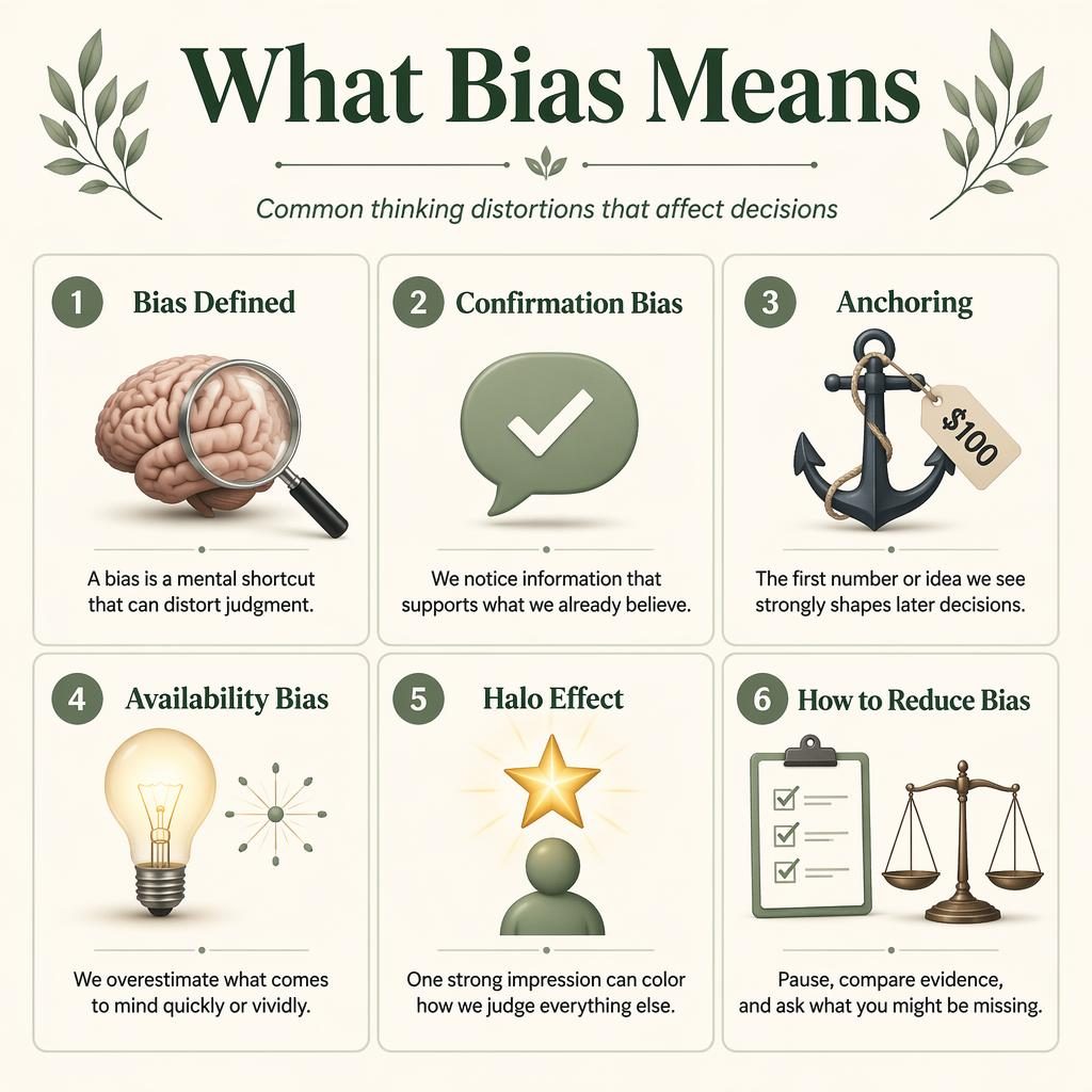 Poster infografico in griglia su bias cognitivi con 6 schede numerate, icone eleganti, palette salvia e crema.