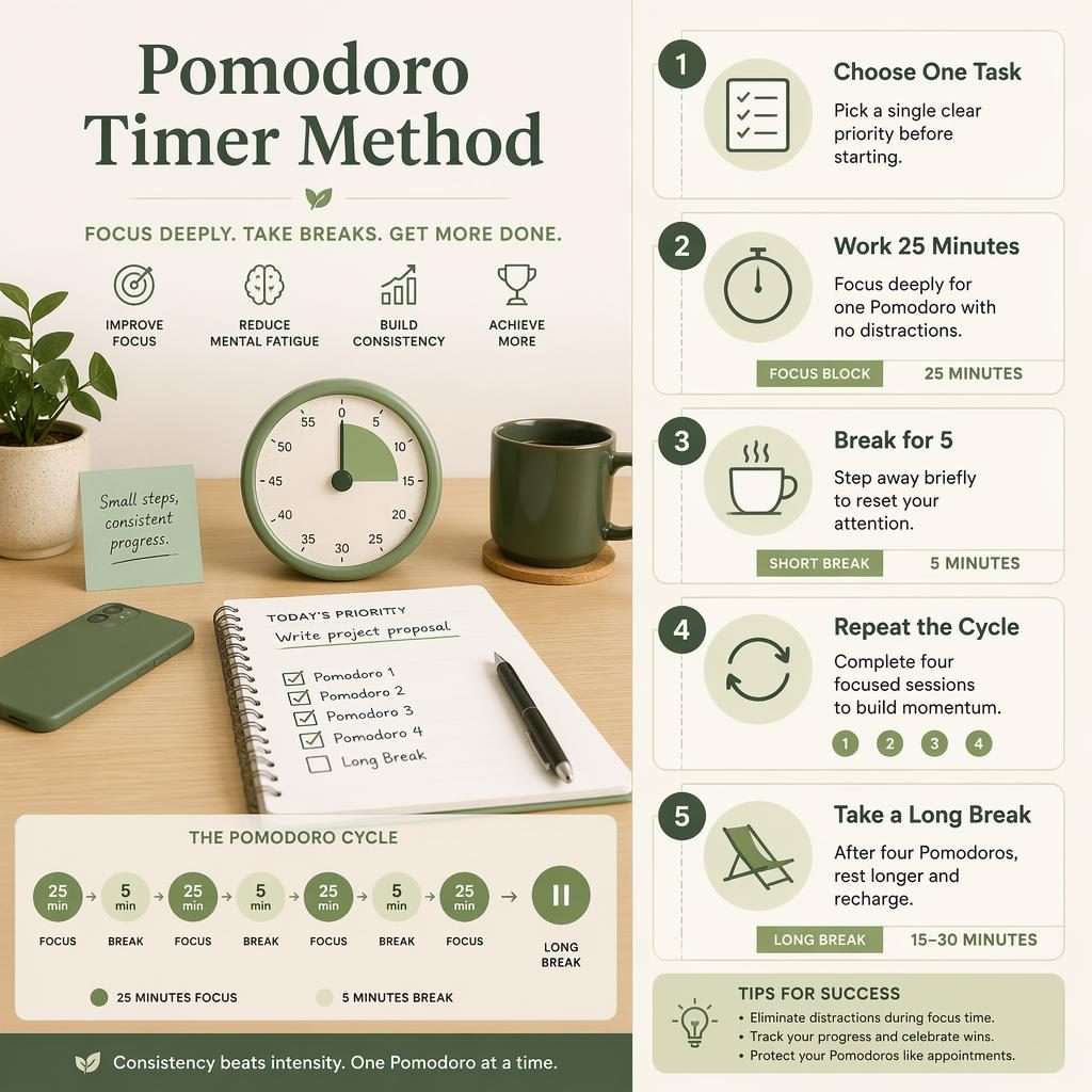 Infográfico minimalista do método pomodoro timer com 5 cartões numerados, timer, caderno, caneta, planta e mesa organizada.