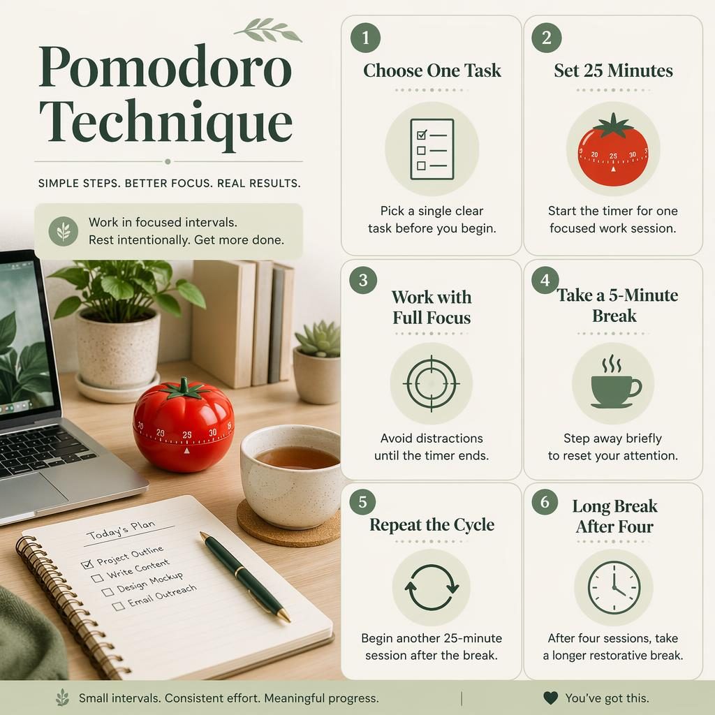 Infografika technika pomodoro z biurkiem, timerem w kształcie pomidora, laptopem, herbatą i 6 kartami kroków.