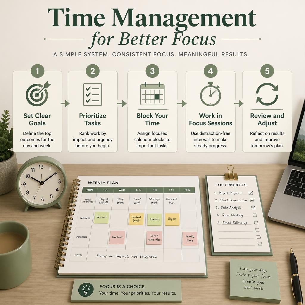 Infografica su scrivania da ufficio con 5 card numerate su time management, planner settimanale, laptop, orologio e note