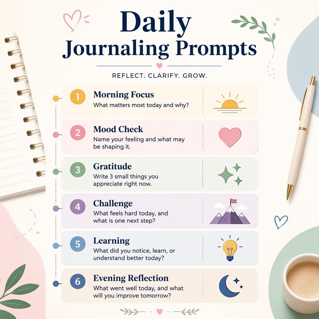 Pastel flat vector features infographic with 6 vertical journaling prompt cards, icons, dividers, and notebook motifs.