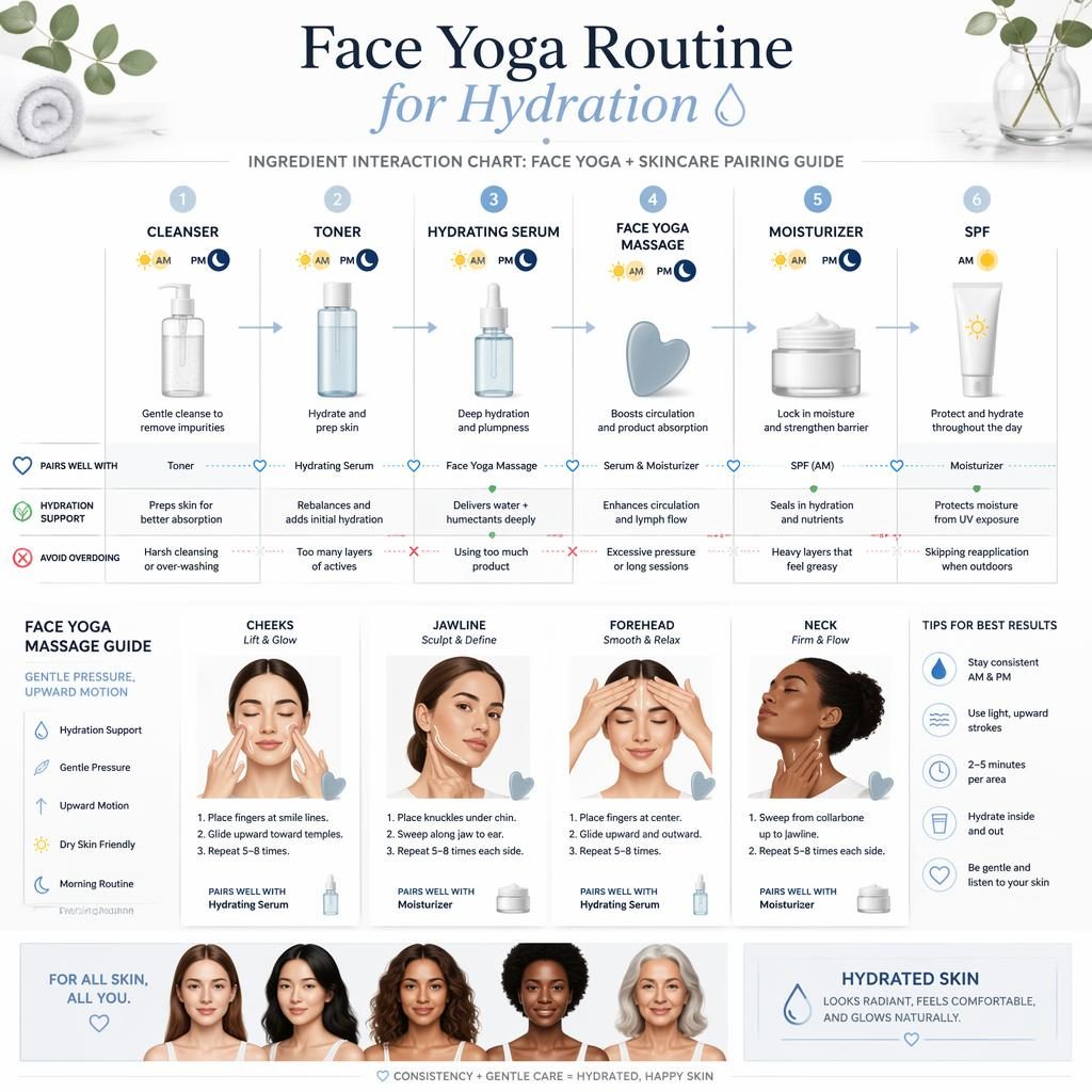Minimal skincare infographic showing 6 hydration steps, face yoga panels, AM/PM badges, arrows, and inclusive skin tones.