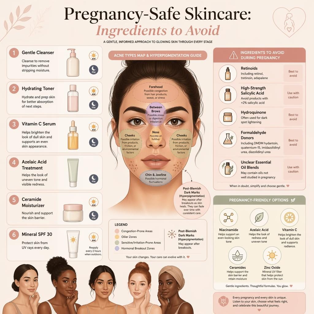 Editorial skincare infographic with face map, 6 AM/PM routine steps, pregnancy-safe options, and ingredients to avoid.