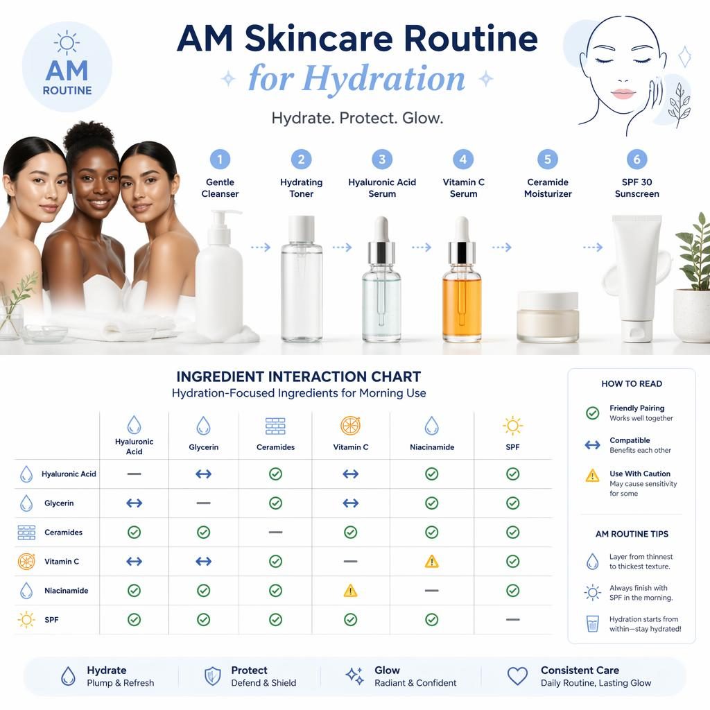 Minimal white skincare infographic with 6 AM hydration steps, product icons, ingredient chart, and inclusive beauty visuals.
