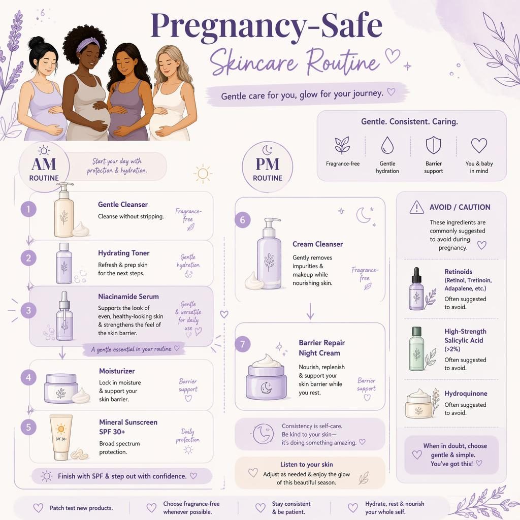 Lavender AM/PM skincare routine infographic with cleanser, toner, niacinamide, moisturizer, SPF, night cream, and caution icons.