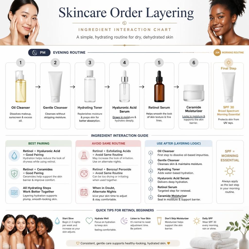 Minimal white skincare infographic with 6 layering steps, AM/PM badges, SPF 30 badge, arrows, and retinol pairing chart.