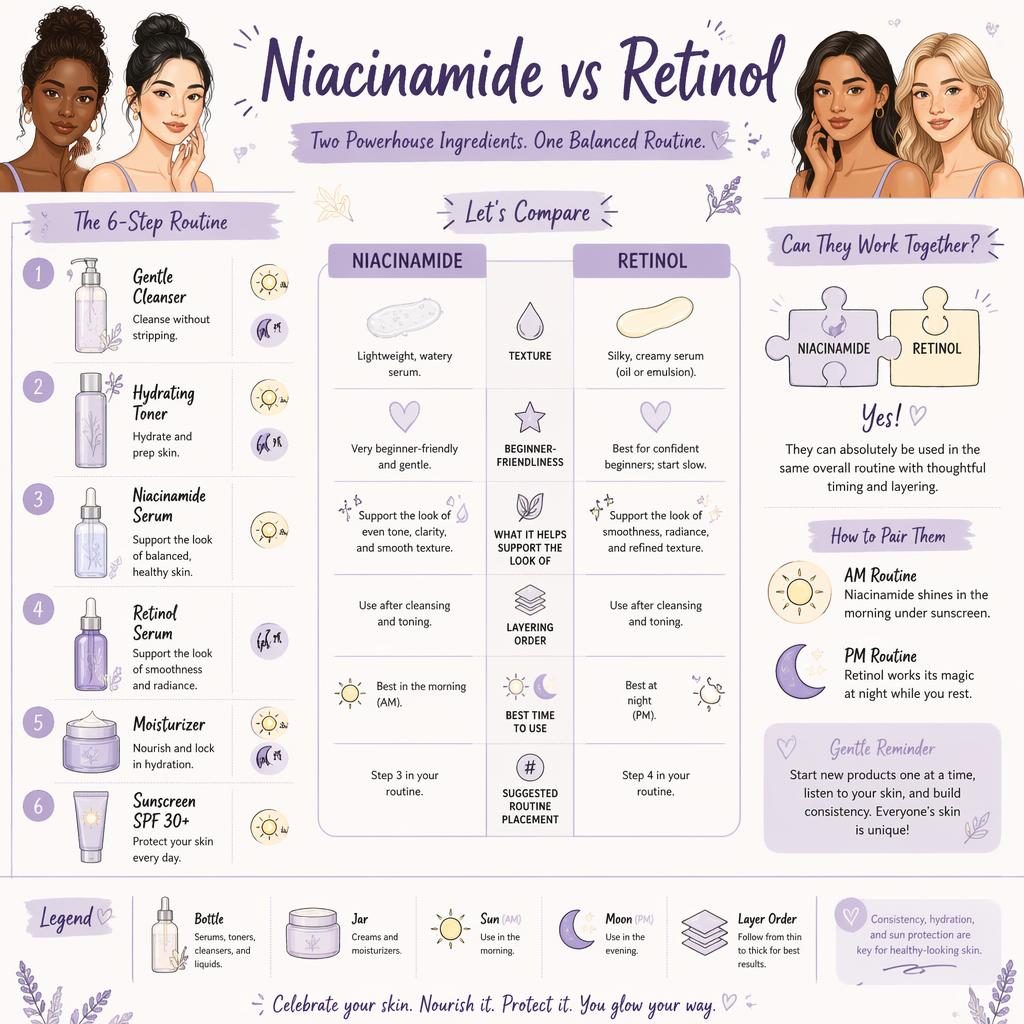Lavender skincare infographic comparing niacinamide vs retinol with 6 routine steps, AM/PM badges, icons, and diverse skin tones.