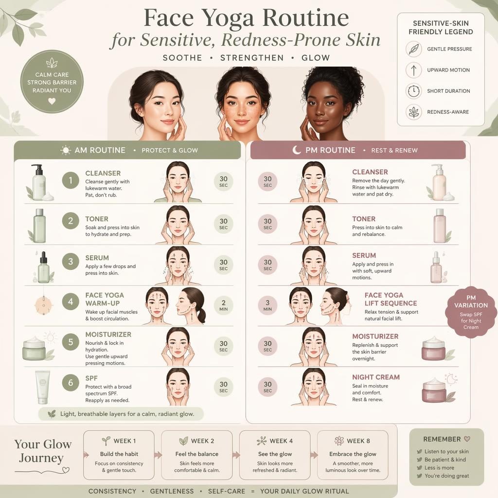 Skincare infographic with 6 AM/PM steps, face yoga diagrams, product icons, week markers, and inclusive skin-tone illustrations.