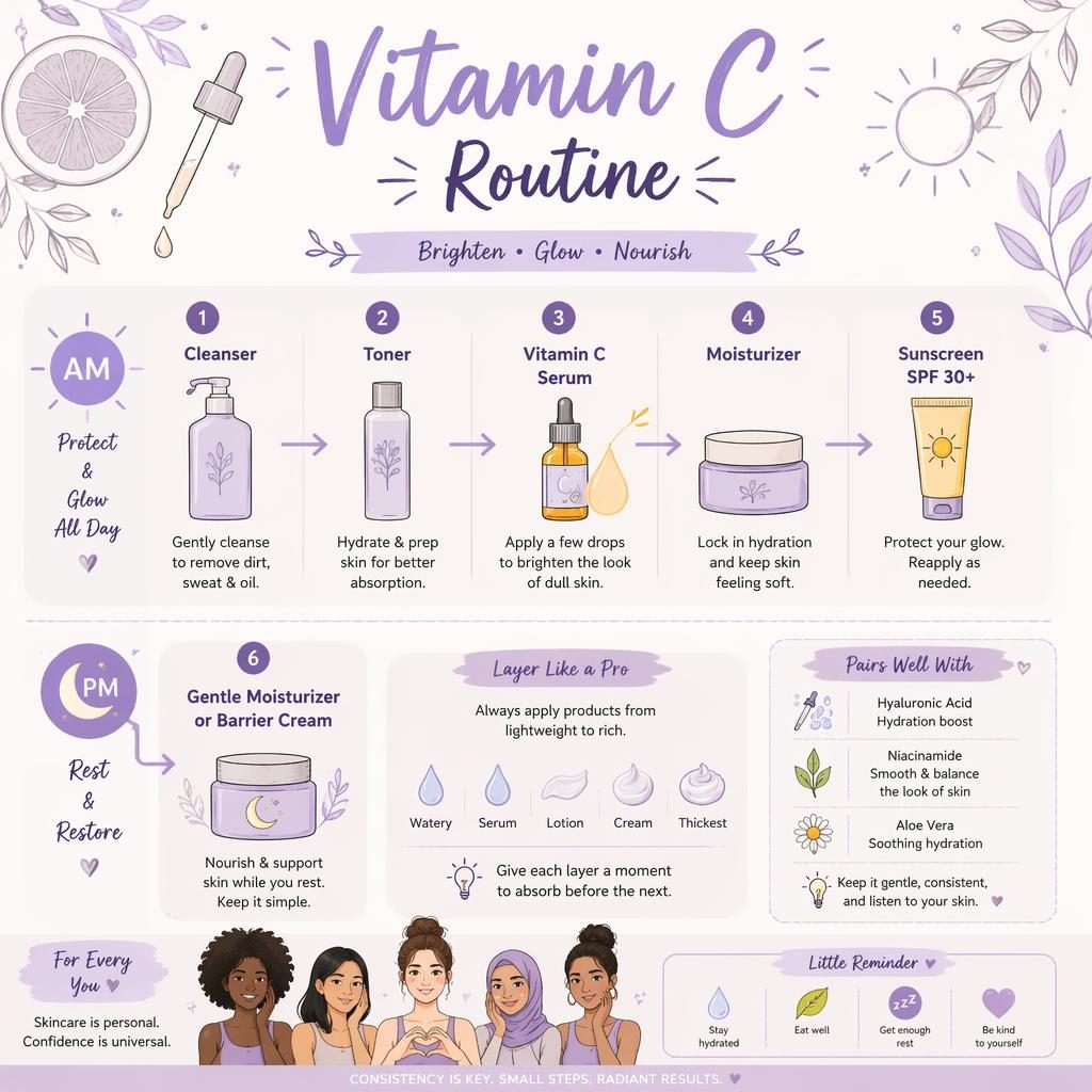 Lavender skincare infographic showing AM and PM Vitamin C routine steps with bottle icons, arrows, sun and moon badges.