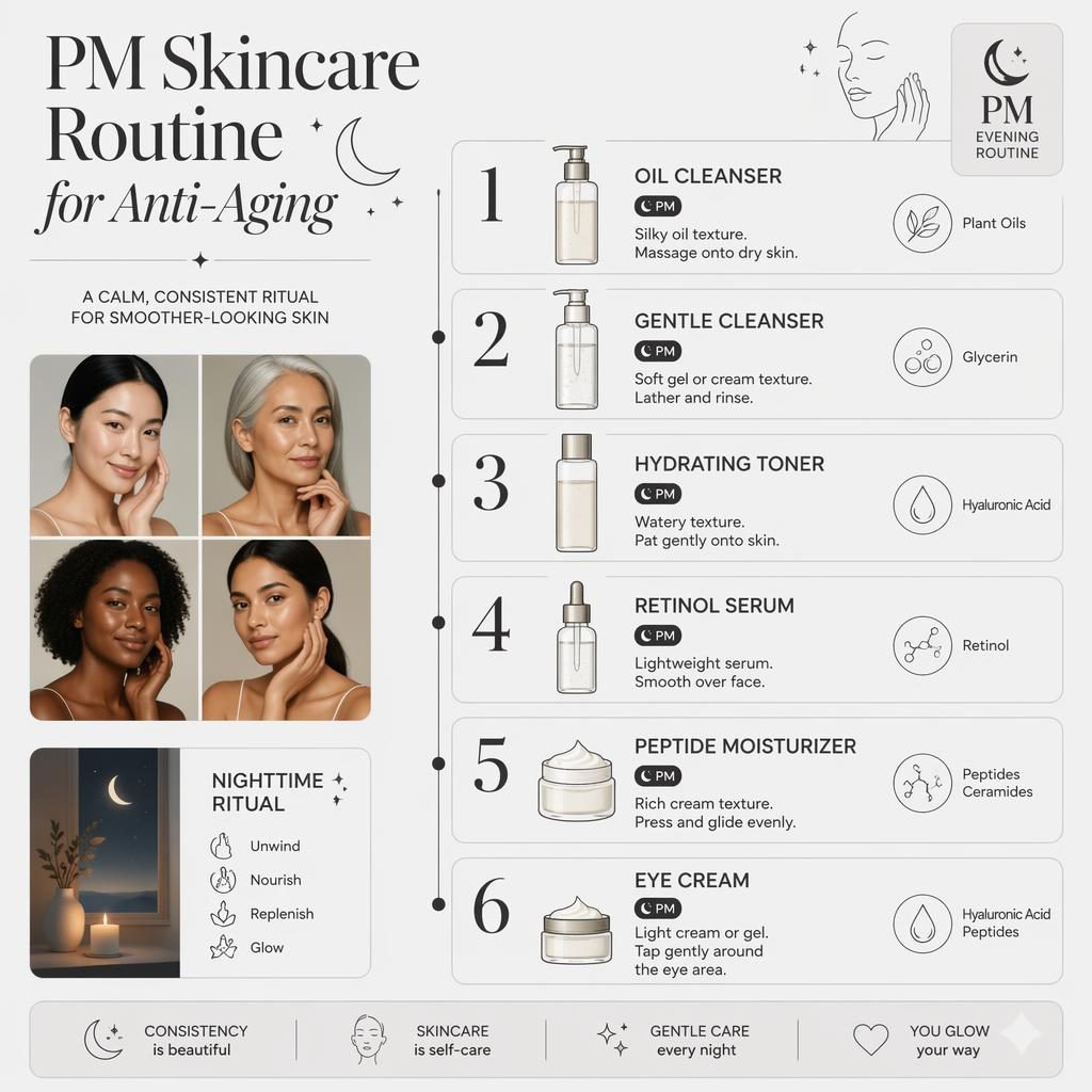 Monochrome skincare flowchart infographic showing 6 PM steps with icons, PM badges, ingredient labels, and diverse skin visuals.