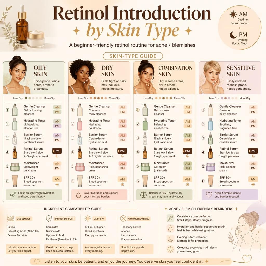 Beauty infographic with 4 skin-type columns, AM and PM routine steps, bottle icons, peach and gold editorial design.