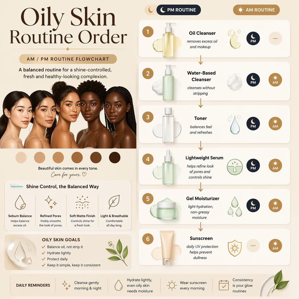 Vertical oily skin routine infographic with 6 AM/PM skincare steps, bottle icons, arrows, and diverse skin tone swatches.