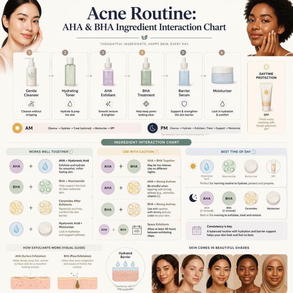 Minimal skincare infographic with 6 acne routine steps, AM/PM badges, ingredient interaction chart, SPF callout, and icons.