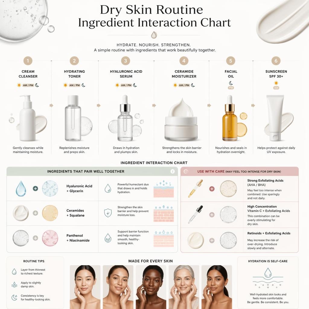 Minimal white skincare infographic with 6 dry skin routine steps, AM/PM badges, bottle icons, and ingredient pairing chart