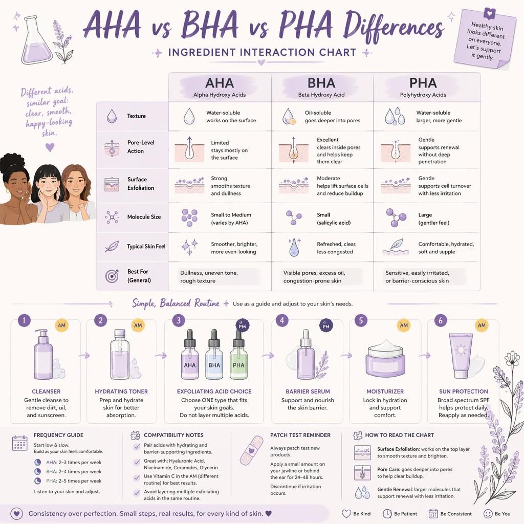 Lavender skincare infographic with AHA, BHA, and PHA comparison chart, routine steps, icons, notes, and inclusive skin tones.