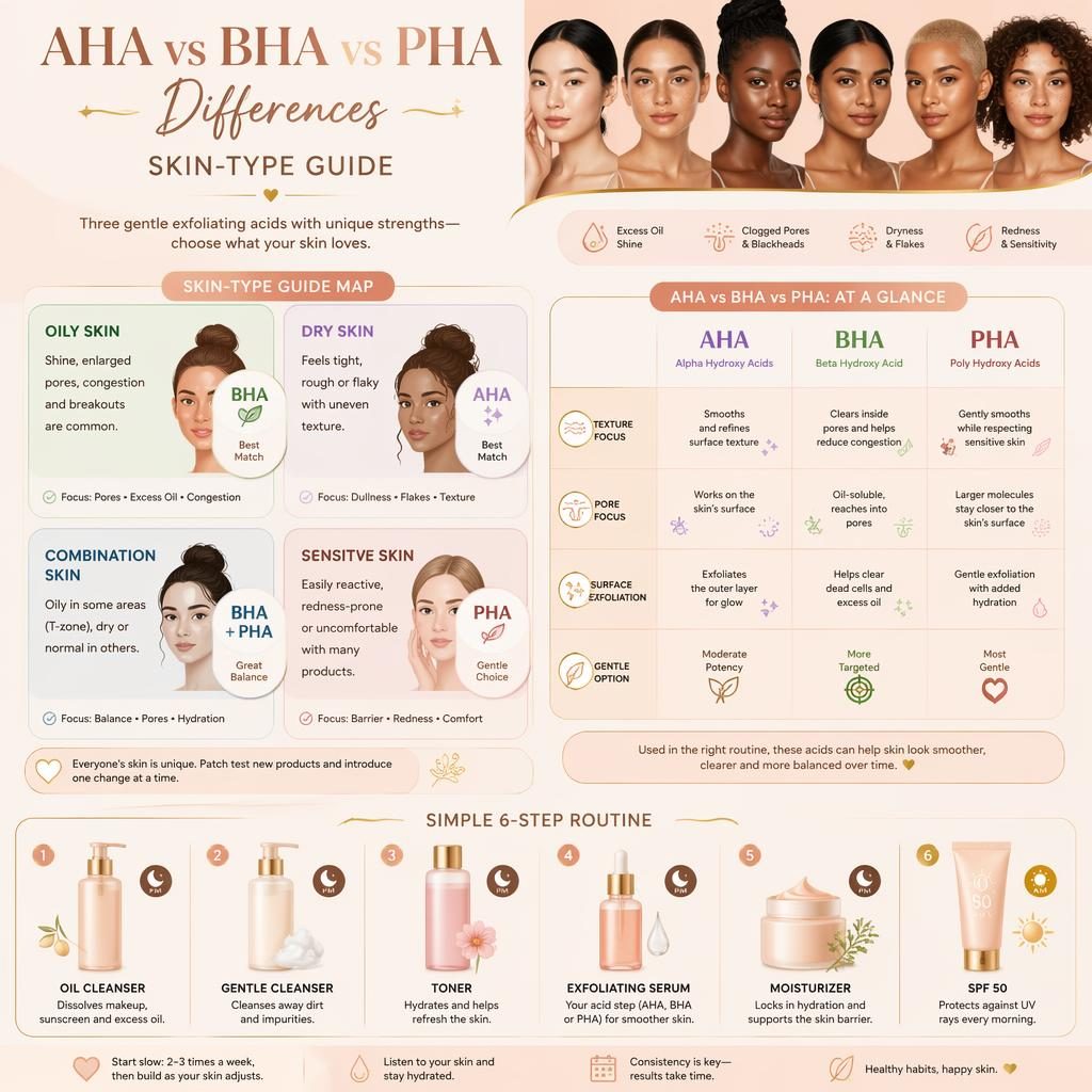 Peach and gold skincare infographic with a 4-zone skin-type map, AHA BHA PHA comparison panels, and 6 routine steps with PM and AM badges.