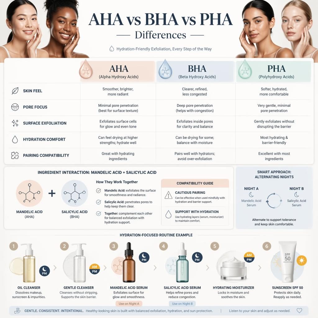 Minimal skincare infographic comparing AHA, BHA, and PHA with 6 routine steps and a mandelic acid plus salicylic acid pairing chart.