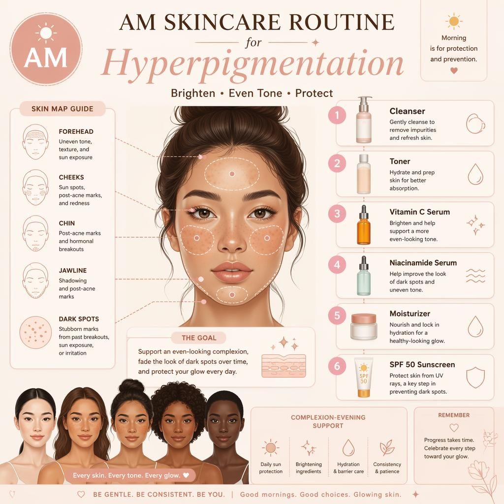 Pastel skincare infographic with AM badge, face maps, 6 morning steps, and diverse skin tone illustrations.