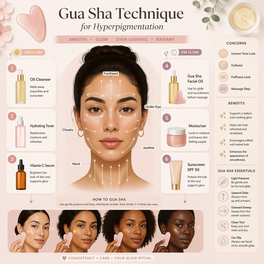 Pastel skincare infographic face map with gua sha arrows, 6 product steps, AM PM badges, and inclusive model tones.