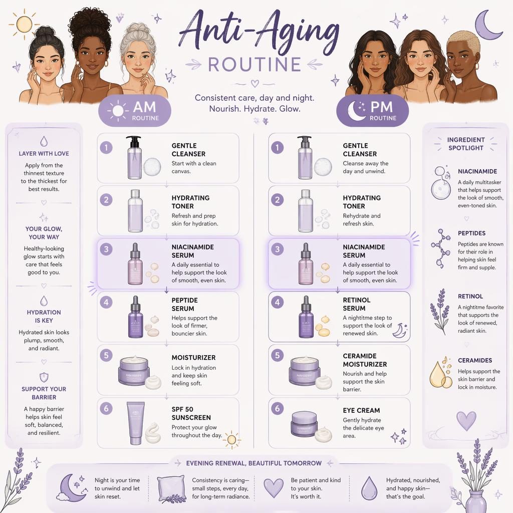 Lavender AM/PM skincare flowchart with 6 routine steps, highlighted niacinamide, bottle icons, sun moon doodles, and diverse skin tones.