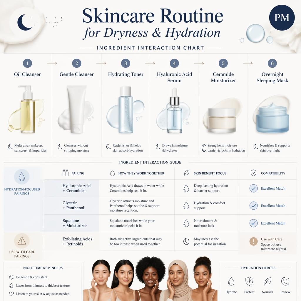 Minimal skincare infographic with 6 PM routine steps, bottle icons, hydration pairing chart, moon and droplet accents.