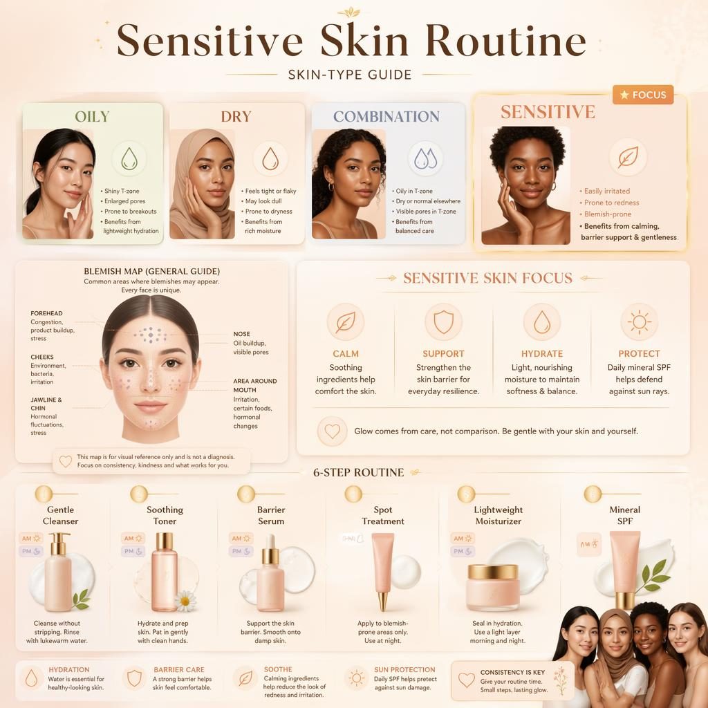 Sensitive Skin Routine infographic with four skin-type panels, pimple face chart, diverse faces, 6 skincare steps, peach-gold design.