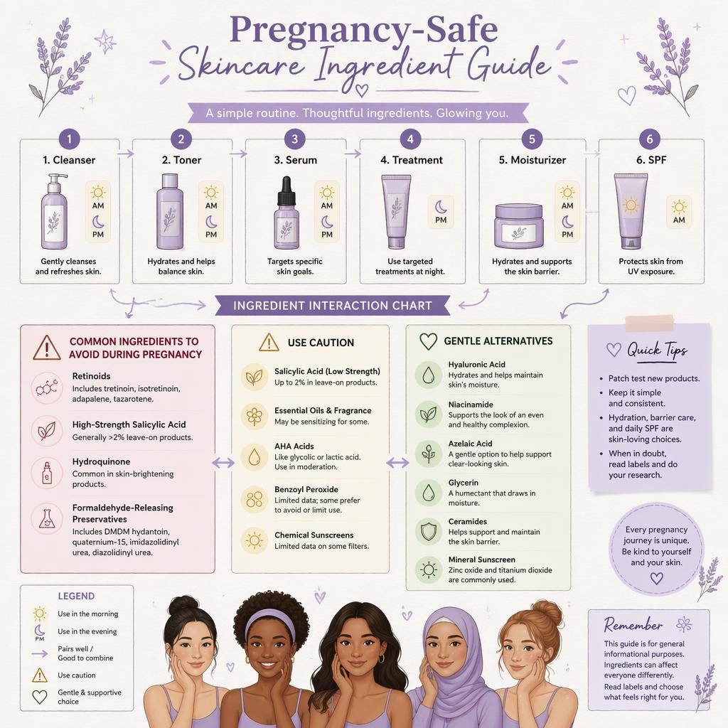 Lavender skincare infographic with 6-step AM/PM routine and pregnancy-safe ingredient chart, diverse beauty illustrations.
