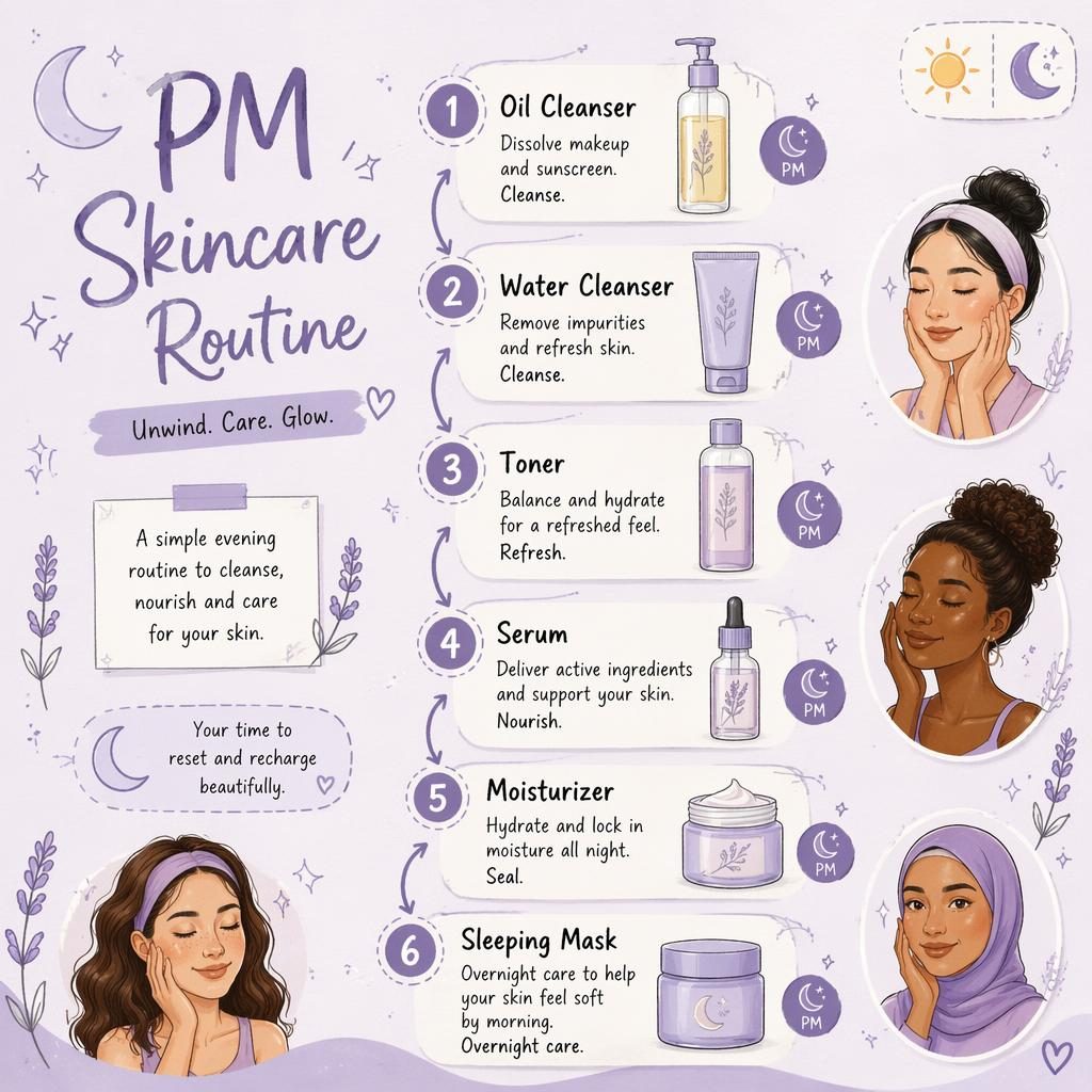 Soft lavender PM skincare routine infographic with 6 numbered steps, arrows, product icons, moon stars, and diverse faces