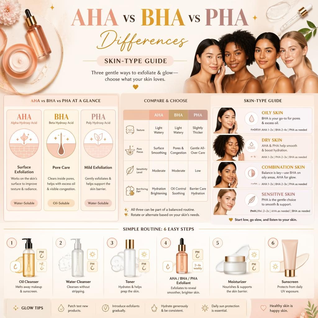 Editorial skincare infographic comparing AHA, BHA, and PHA for oily, dry, combination, and sensitive skin types.