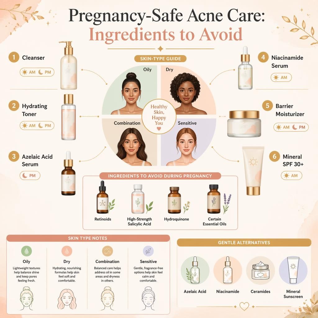 Soft peach and gold skincare infographic with 6 routine steps, skin type notes, ingredients to avoid, and gentle alternatives.