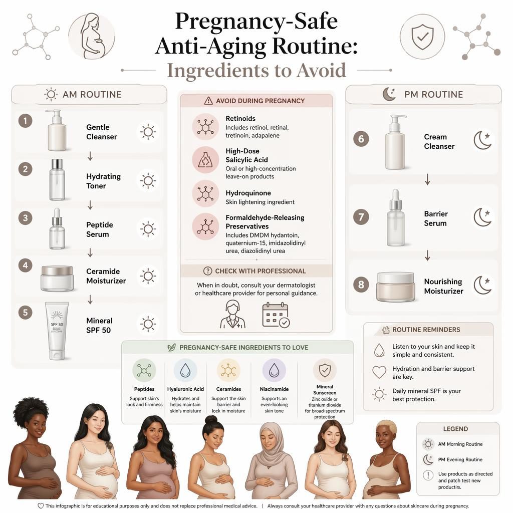 Monochrome skincare flowchart infographic with AM and PM routine steps, ingredient caution panel, bottle icons, and diverse models.
