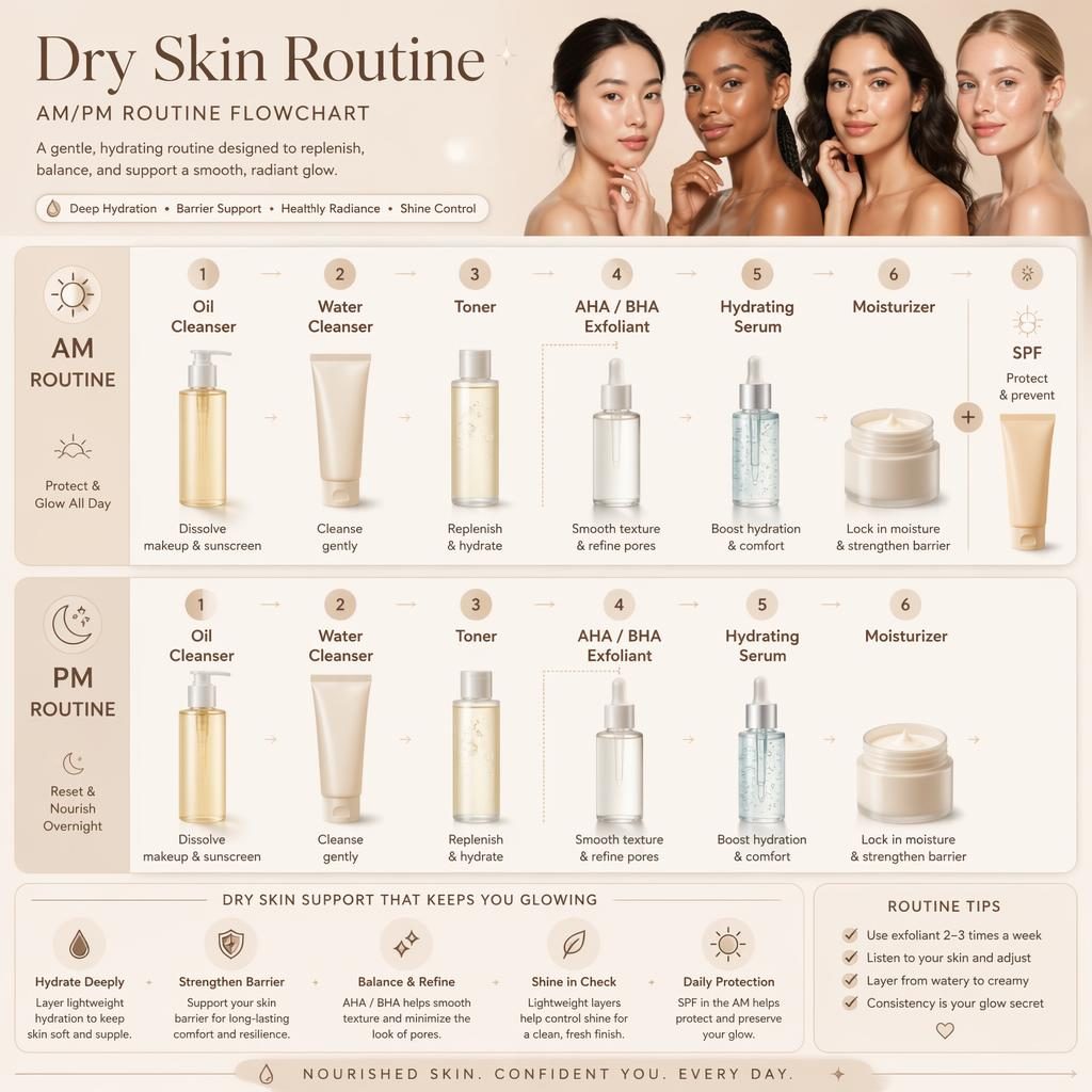 Soft beige skincare infographic showing a 6-step AM/PM dry skin routine with product icons, SPF badge, and AHA/BHA order arrows.
