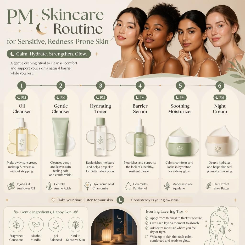 Skincare infographic showing a PM badge flowchart with 6 steps for sensitive, redness-prone skin in a sage and nude palette.