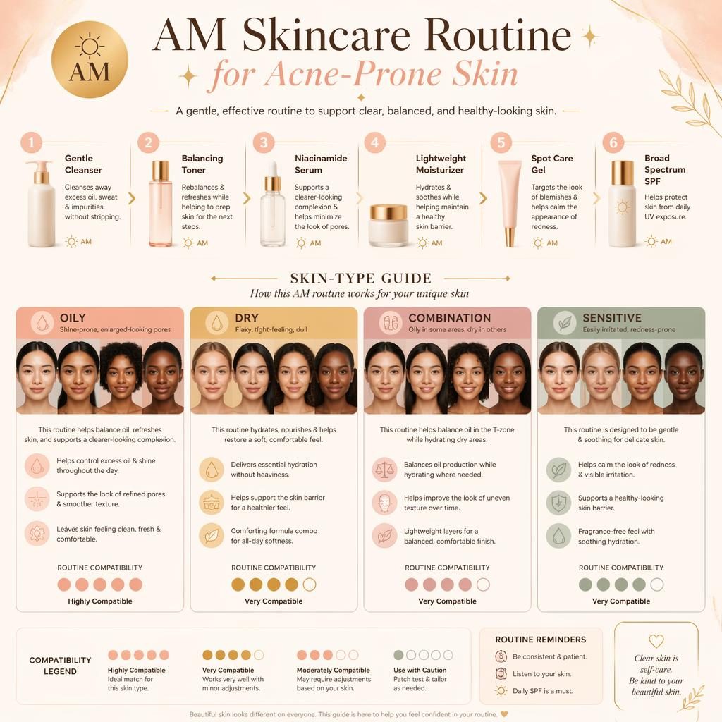 Editorial skincare infographic with 4 skin-type panels, 6 AM routine steps, diverse complexion illustrations, peach and gold.