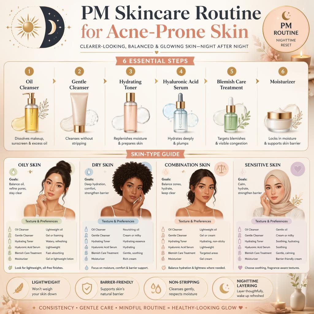 PM skincare infographic for acne-prone skin with 4 skin-type panels, 6 product step icons, peach and gold editorial design.