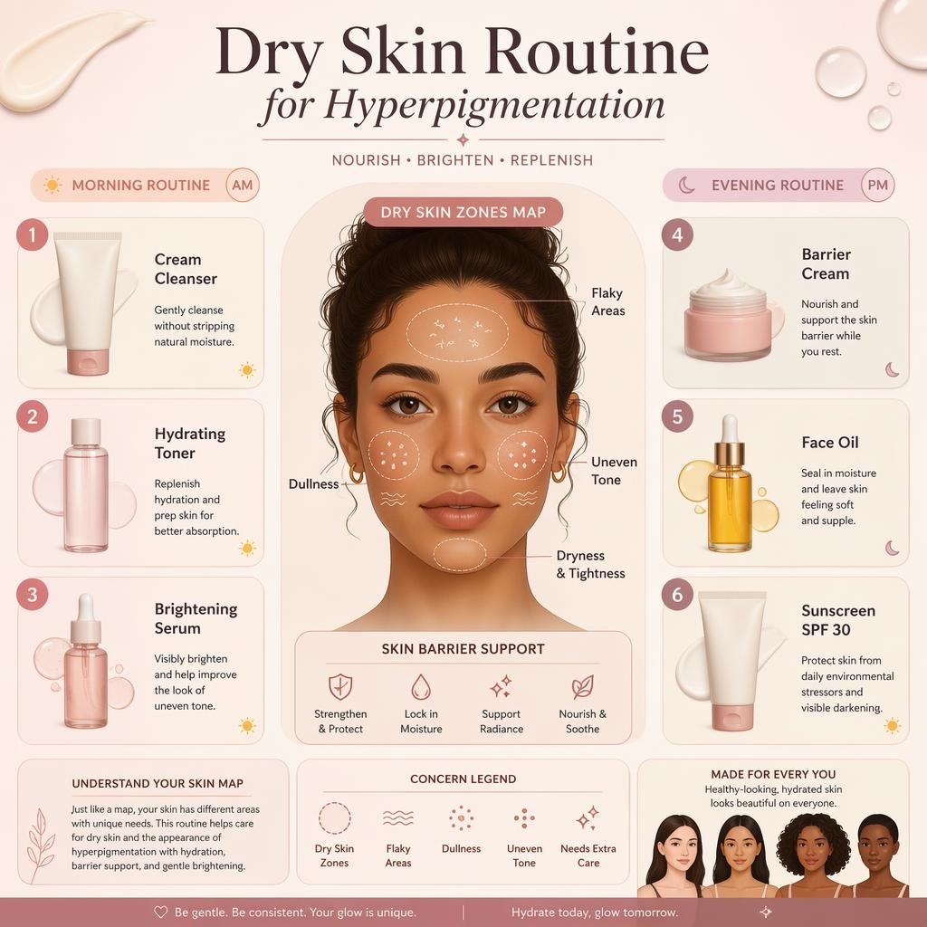 Pastel skincare infographic with a central face map, 6 numbered product steps, AM and PM badges, and dry skin concern labels.
