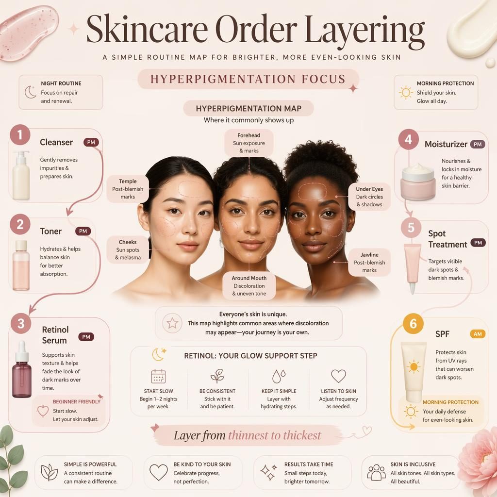 Pastel skincare layering infographic with face map, 6 routine steps, PM and AM badges, and inclusive skin tone visuals.