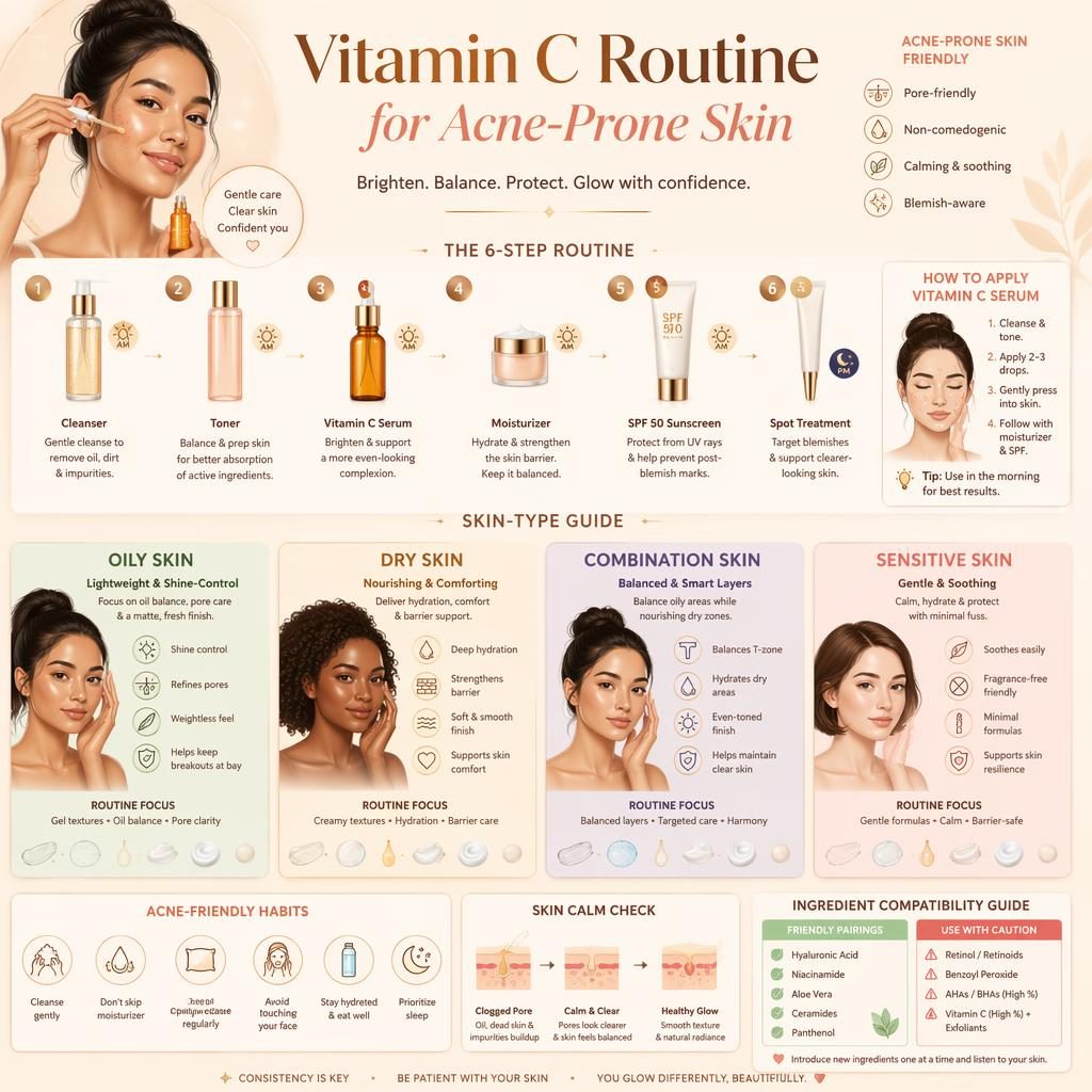 Skincare infographic with four skin-type panels, six AM/PM steps, peach and gold palette, bottle icons, and acne-friendly cues.